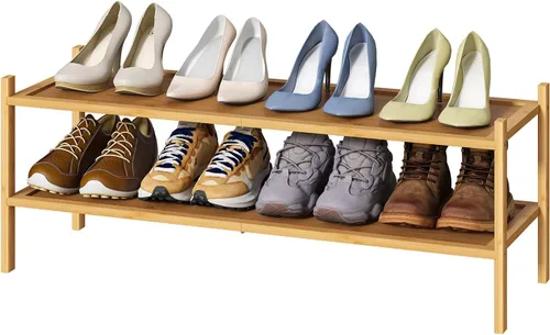 Vista 13 de kiplant Zapatero de bambú negro de 2 niveles, zapatero apilable de madera de bambú para armario, entrada y pasillo