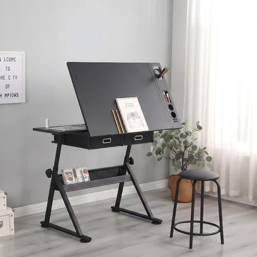 Vista 7 de Mesa de dibujo ajustable con 2 cajones y taburete, para arte y Negro