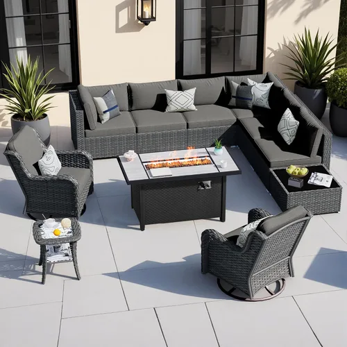 Vista 16 de HOOOWOOO Juego de sofá modular para patio al aire libre, 7 piezas en forma de U, juego de sofá de mimbre rústico para 6 personas, juego de Beige