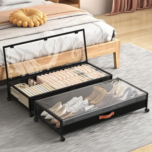 Vista 8 de Almacenamiento debajo de la cama con ruedas, contenedores de almacenamiento XXXL más grandes debajo de la cama con tapas transparentes, organizador