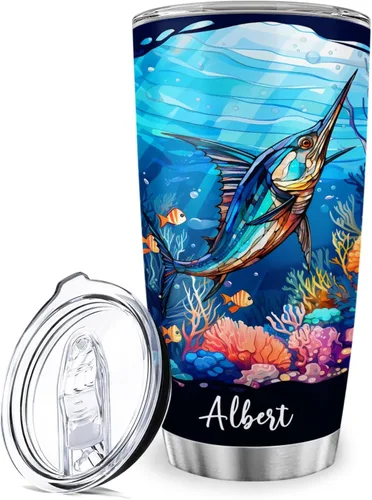Vista 9 de Vaso de ballena azul con tapa, taza de viaje de acero inoxidable de 20 onzas, vasos personalizados de ballena, regalos temáticos del océano azul