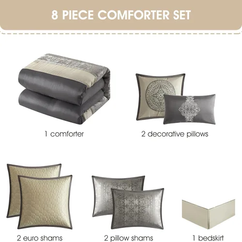 Vista 4 de Juego de edredón damasquino plateado/marfil de California con diseño de patchwork, 8 piezas, juego de ropa de cama premium de jacquard para todas
