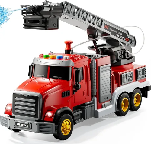 Vista 11 de JUKUDAHU Camión de bomberos de juguete para niños de 3, 4, 5, 6, 7, 8 años, juego de camiones de bomberos con escalera giratoria, sonido y luz