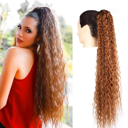 Vista 9 de Extensiones de cola de caballo de color marrón oscuro, extensiones de cabello humano real rizado con cordón, extensiones de cabello humano real