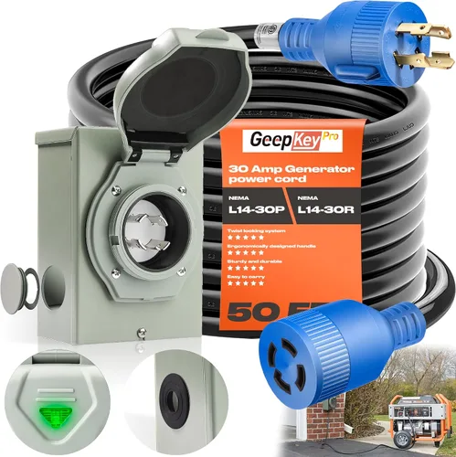 Vista 8 de Cable generador de 30 amperios y caja de entrada de alimentación [preperforada], cables de generador de 25 pies de 30 amperios, 125/250 voltios