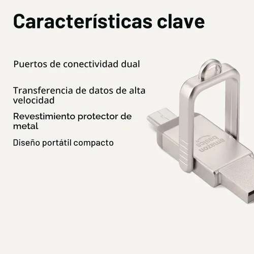 Vista 2 de Amazon Basics Unidad Flash USB, Memoria Stick con Puertos Duales USB C y USB A, 128GB, Plata Champán