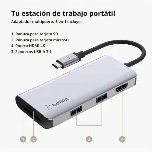 Vista 4 de Belkin Concentrador USB-C, estación de acoplamiento multipuerto USB-C 5 en 1 para MacBook y Windows con HDMI 4K 1.4, 2 USB-A 3.1, SD 3.0 y Micro SD