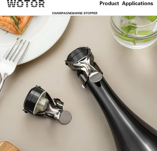 Vista 7 de WOTOR Tapones para botella de vino y champán de acero inoxidable con silicona de grado alimenticio, a prueba de fugas, se mantienen frescos