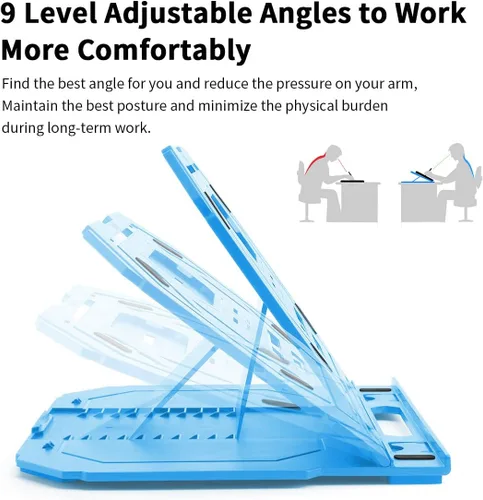 Vista 2 de Soporte para tableta de dibujo, soporte plegable para computadora portátil, 9 niveles de ángulos ajustables con un soporte para teléfono integrado