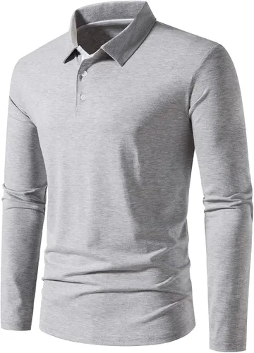 Vista 2 de A WATERWANG Polera polo de manga larga para hombre, de algodón, ajustado, diseño básico