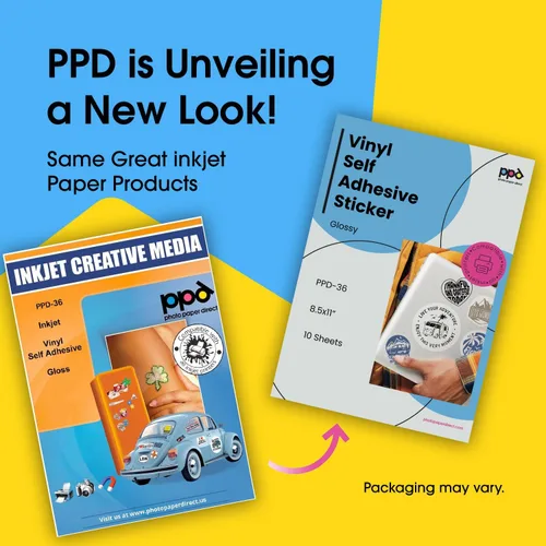 Vista 2 de PPD Premium: papel adhesivo de vinilo imprimible para impresora de inyección de tinta - 10 hojas brillantes de 8.5 x 11 - autoadhesivo, impermeable