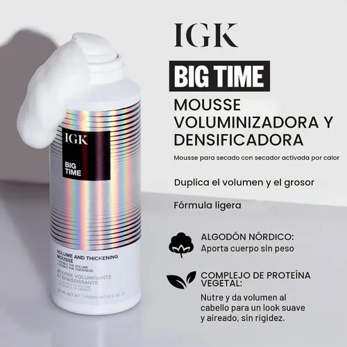 Vista 3 de IGK BIG TIME - Mousse de volumen y espesante Moveable + Plenitud + Control de encrespamiento Vegano + libre de crueldad 6.2 onzas