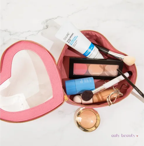 Vista 7 de Bolsa de maquillaje con forma de corazón – Bolsa de cosméticos de corazón rosa con cubierta transparente – Ideas de regalo para mujeres, mamá