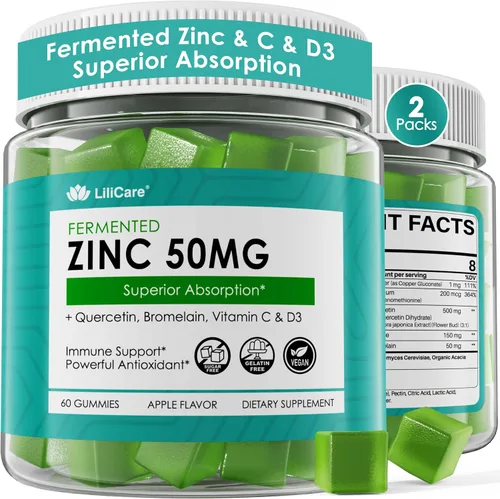 Vista 9 de Gomitas de zinc de 50 mg + quercetina y bromelina, vitamina C y D3, cobre, selenio, suplementos de zinc fermentados para mujeres y hombres