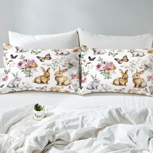 Vista 5 de Erosebridal Juego de sábanas de conejo de Pascua, tamaño individual, juego de sábanas de flores de primavera para niñas, mujeres, niños