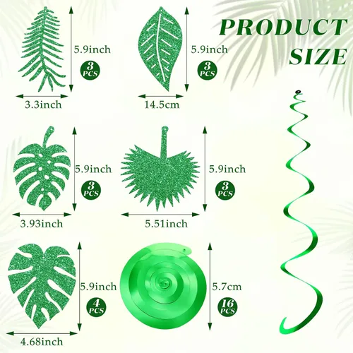 Vista 2 de 32 piezas hawaianas Luau para fiesta, hojas de palmera, remolinos, decoración colgante de techo, decoración verde, fiesta tropical para verano, baby