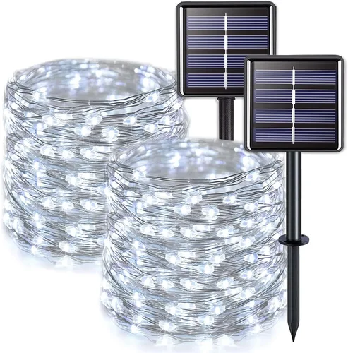 Vista 26 de JMEXSUSS Paquete de 2 luces solares de Navidad impermeables para exteriores, 100 LED de 33 pies, color blanco y multicolor, luces solares de hadas