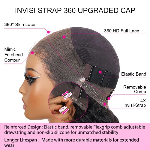 Vista 5 de Pelucas de cabello humano ondulado con encaje frontal 360 con correa oculta, nudos blanqueados, sin pegamento, previamente despuntadas, precortadas