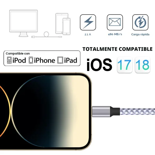Vista 3 de Cargador para iPhone, paquete de 3 cables de carga USB de 6 pies con Blanco