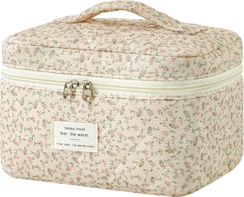 Vista 26 de HBselect Bolsa de Maquillaje Acolchada, Bolsa de Maquillaje Grande de Algodón para Viaje, Lindas Bolsas de Maquillaje con Flores Coquette, Bolsas