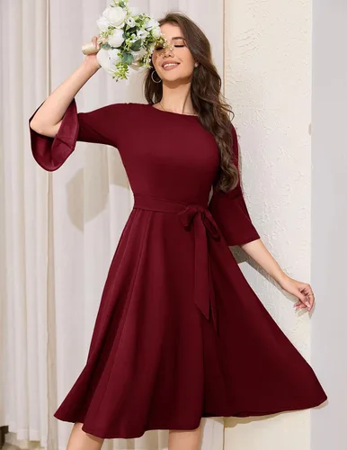 Vista 4 de HomRain Vestidos de iglesia para mujer 2025, invitada de boda, cóctel, fiesta de té, manga acampanada, vestido vintage de graduación de noche