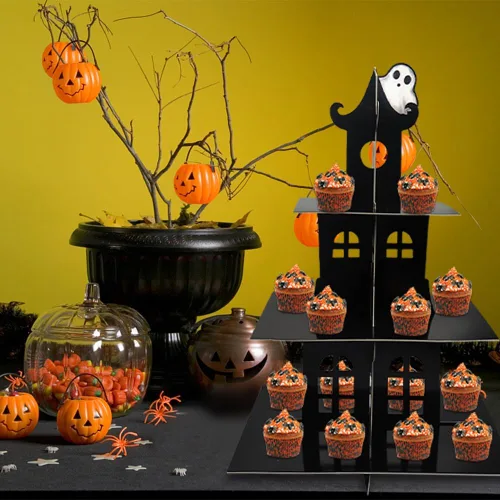 Vista 4 de Soporte de 3 niveles para cupcakes de Halloween, castillo de Halloween, soporte redondo de cartón, torre de postre, torre de árbol de postre