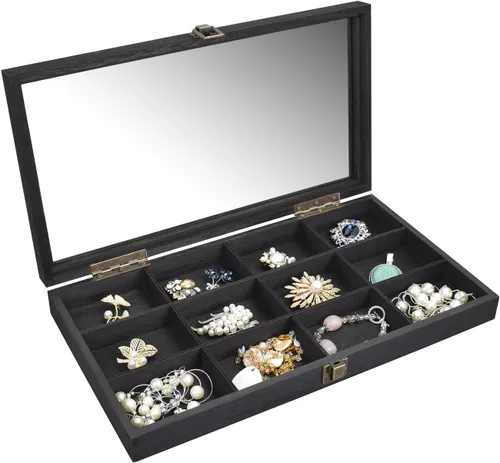 Vista 4 de Ikee Design Elegante caja de almacenamiento de joyas de madera con tapa de vidrio, 12 compartimentos, ideal para anillos, pulseras, piedras