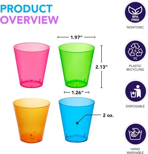 Vista 2 de Party Essentials Vasos de disparo de plástico duro de 2 onzas, 40 unidades, neón surtidos
