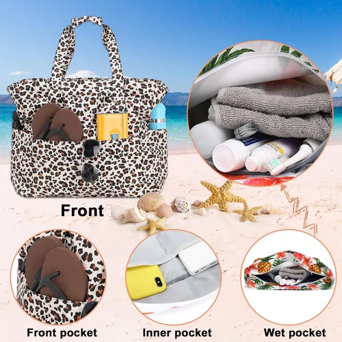 Vista 7 de Bolsa de playa y piscina para mujer, grande, bolsa de gimnasio con compartimento húmedo para viajes, impermeable