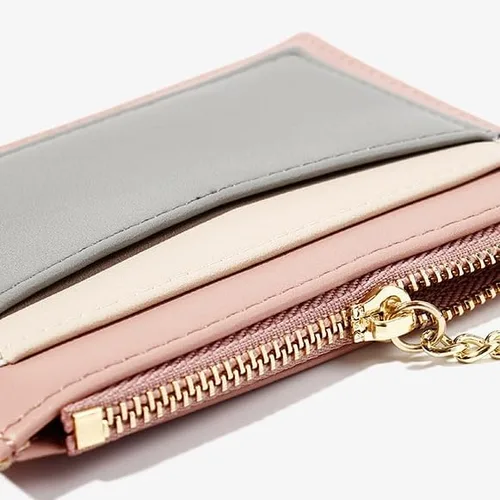 Vista 8 de Cartera pequeña con llavero para mujer, tarjetero minimalista con monedero, bonita cartera delgada para mujeres y hombres, Rosado