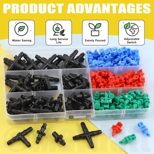 Vista 4 de Kit de accesorios de conectores de púas de riego por goteo de 152 piezas para tubos de 1/4 pulgadas, incluye rociador atomizador de rociador