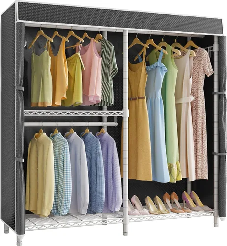 Vista 13 de VIPEK V4 - Perchero resistente para colgar ropa, capacidad de carga de 810 libras, perchero de doble barra con estantes ajustables y ganchos Negro