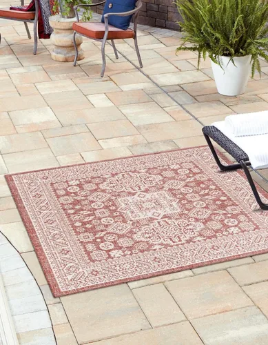 Vista 56 de Unique Loom Outdoor Aztec Collection Alfombra de área, Chalca (5 pies 3 pulgadas, octágono, aguamarina/marfil)