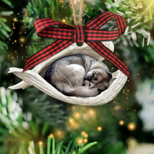 Vista 10 de Talataca Adorno de Navidad Plano 2D de Husky, Cajas de Regalo de Husky, Decoración de Árbol de Pino, Adorno Colgante de Casa para la Víspera