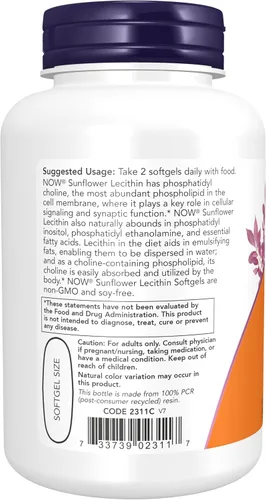 Vista 3 de NOW Suplementos, lecitina de girasol 1200 mg con fosfatidil colina, 100 cápsulas blandas
