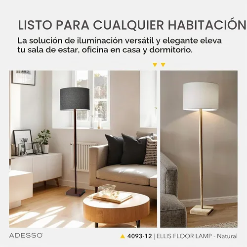 Vista 3 de Adesso Lámpara de pie con base de madera de caucho natural y pantalla de lino blanco, brillo ajustable de 3 vías, lámpara para dormitorio, sala