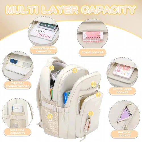Vista 3 de PRAGARI Mochila para niños para la escuela, bonita mochila estética para niñas, mochila para estudiantes, bolsa de libros ligera de viaje para Beige