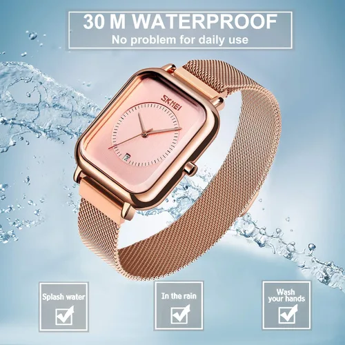Vista 5 de SKMEI Reloj de pulsera para hombres y mujeres, reloj analógico de cuarzo impermeable a la moda con fecha de hora, esfera rectangular, reloj de mano