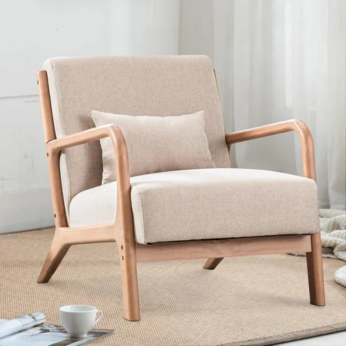 Vista 22 de INZOY Silla con acento moderno de mediados de siglo con marco de madera, sillas tapizadas para sala de estar con cojín lumbar, silla de lectura