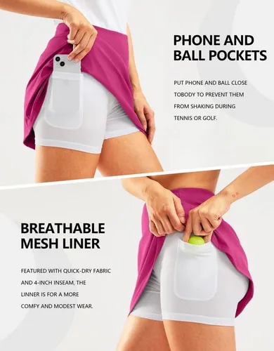 Vista 4 de SANTINY Falda pantalón de golf de 16 pulgadas para mujer, bolsillos con cremallera, falda de tenis de cintura alta para mujer, falda deportiva