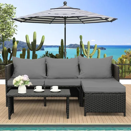 Vista 2 de Valita Juego de muebles de ratán PE para exteriores, 3 piezas, para patio, sofá biplaza de conversación de mimbre negro, sofá seccional, cojín gris