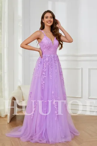 Vista 7 de Vestidos de graduación de tul con purpurina, cuello en V, apliques de encaje, vestidos largos de baile para mujer, vestidos formales de tirantes
