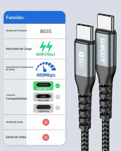 Vista 2 de SUNGUY USB C a USB C de 1.5 pies [2 paquetes], cable USB C de 60 W PD de Cable de carga tipo C compatible con iPhone 17/16/15 Series, Samsung Galaxy