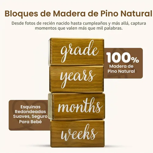 Vista 3 de Pondering Pine Bloques de hitos para bebé, madera de pino natural con semanas, meses y años, juego de bloques de edad con bolsa bohemia de arcoíris
