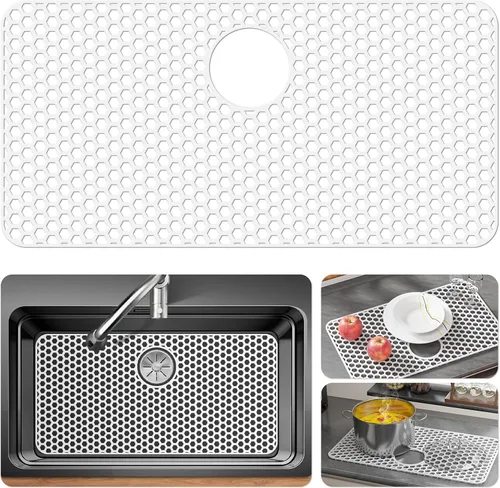 Vista 15 de Bestjing Paquete de 2 protectores de silicona para fregadero de cocina, accesorio de rejilla de cocina de 12 x 11 pulgadas, tapete antideslizante