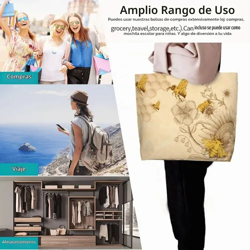 Vista 7 de Bolsa de compras grande reutilizable con mango fuerte respetuoso del medio ambiente Girasoles de abeja