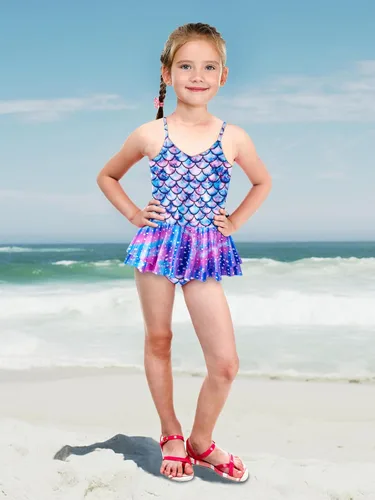 Vista 2 de KGDECYS Little Girls Mermaid Swimsuit Princess Ruffle Bathing Suit Toddler Cartoon One Piece Swimwear Beachwear