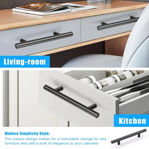 Vista 4 de Tiradores de gabinete de acero inoxidable con acabado negro moderno estilo euro redondo barra en T, cocina gabinete manijas cajones pomos - paquete