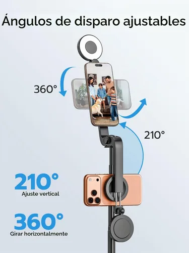 Vista 5 de USKEYVISION Palo de Selfie Magnético con Trípode, Luz y Control Remoto, Trípode para Teléfono con Soporte Magnético para Magsafe, Soporte Giratorio