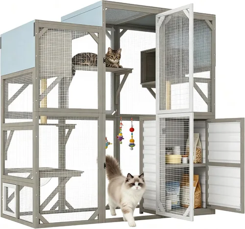 Vista 14 de PetsCosset Catio - Recintos para gatos al aire libre, casa grande para gatos de 4 pisos para ventana interior y exterior, catio exterior de madera